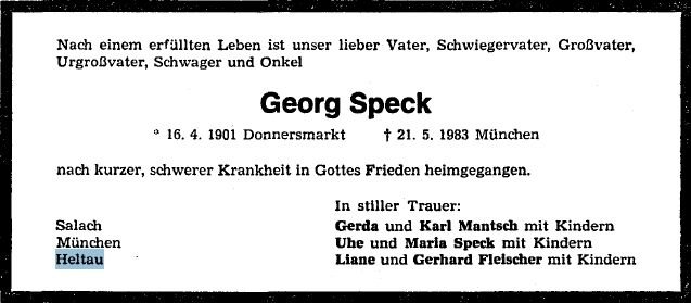 Speck Georg 1901-1983 Todesanzeige